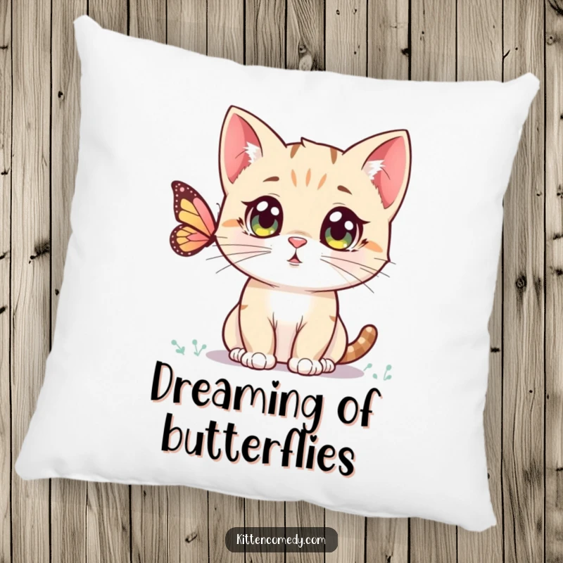 Funny Kawaii Kitten Pillow: A soft, decorative pillow showcasing a wide-eyed kitten captivated by a butterfly.