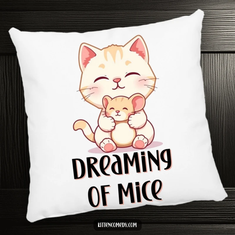 Funny pillow design of a kitten happily offering a tiny toy mouse. Soft, playful, and humorous decor.