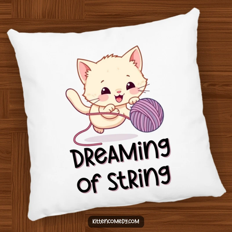 Funny Pillow adorned with a kawaii kitten gleefully chasing a bouncy yarn ball, offering comfort and a dose of feline fun.