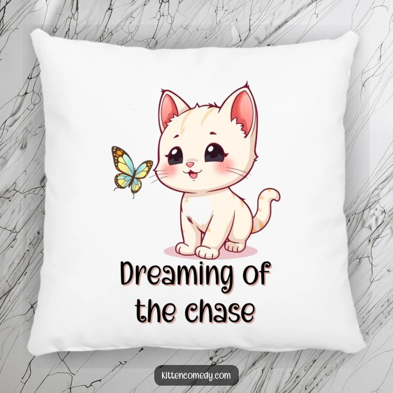 Funny, wide-eyed kawaii kitten enthusiastically chasing a shimmering butterfly, adorning this soft and humorous decorative pillow.