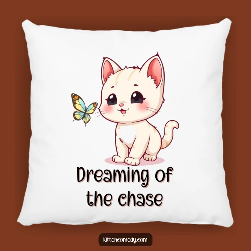 Funny Kawaii Kitten Butterfly Chase Pillow: Huggable Humor, Anywhere!