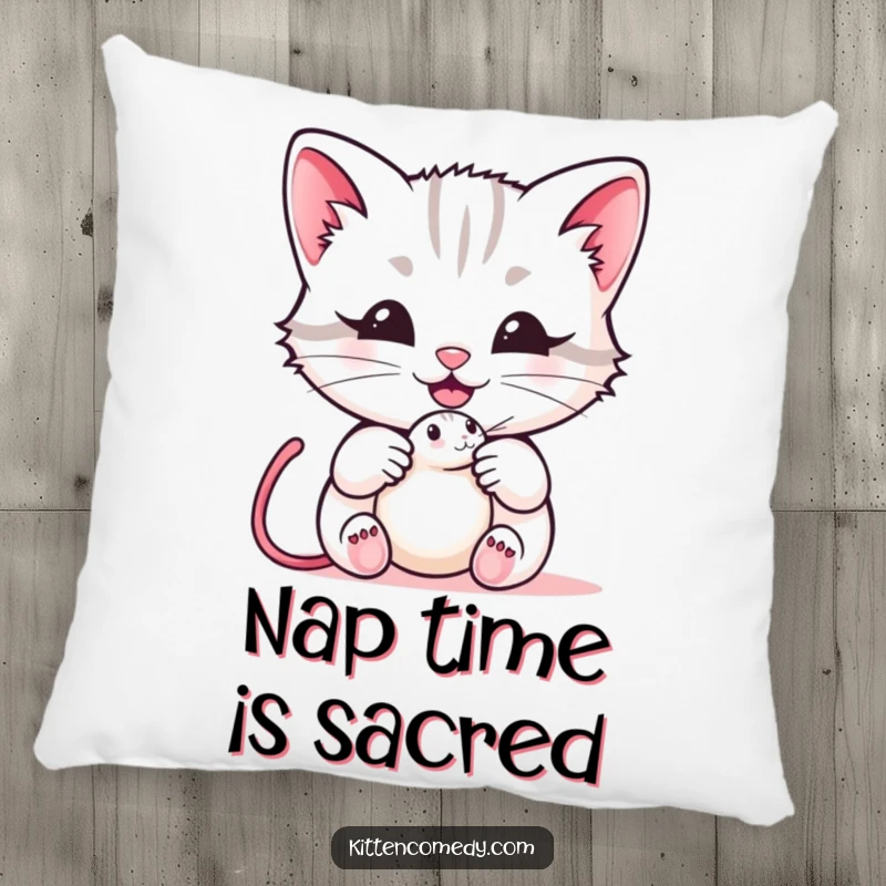 Funny kawaii kitten pillow with a soft texture, showcasing a cat with a mouse toy and a happy meow, perfect for cozying up, a funny gift.