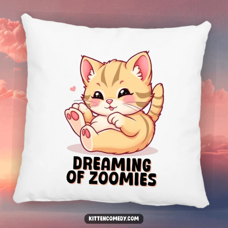 Funny kawaii kitten pillow with a soft texture, showing a cat rolling in playful delight, perfect for cozying up, a delightful funny gift.