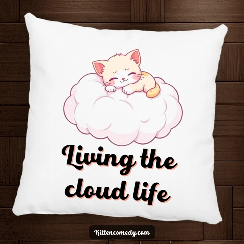 Funny pillow: A comfortable cushion featuring a kitten napping on a giant fluffy cloud, perfect for cozy and humorous relaxation.