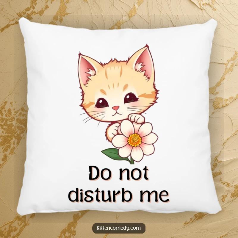 Funny kitten peeking from behind a bright flower, depicted on a soft, plush pillow. Charming home decor item.