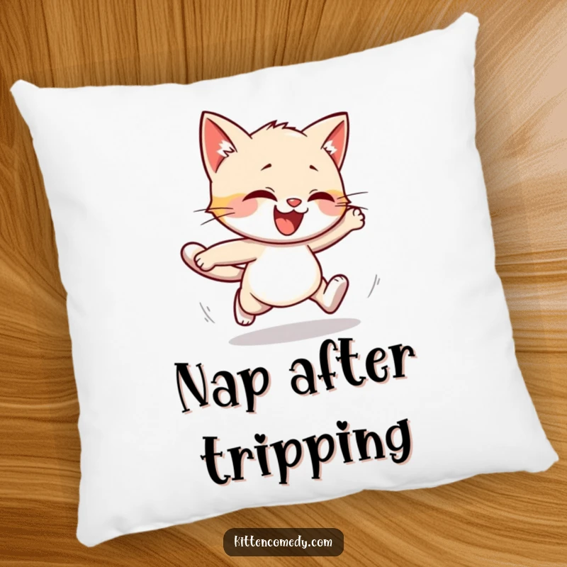 Funny pillow design of a kitten hilariously stumbling while running. Soft, clumsy, and humorous decor.