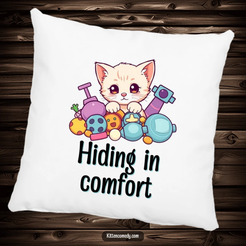 Funny Kawaii Kitten Pillow: A soft cushion featuring a cute kitten peeking from behind a pile of toys.
