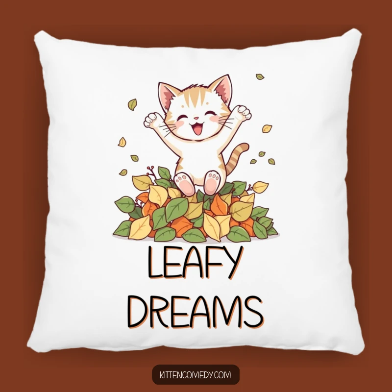 Funny Kitten Leaf Leap Pillow: Cozy Autumn Cushion Gift