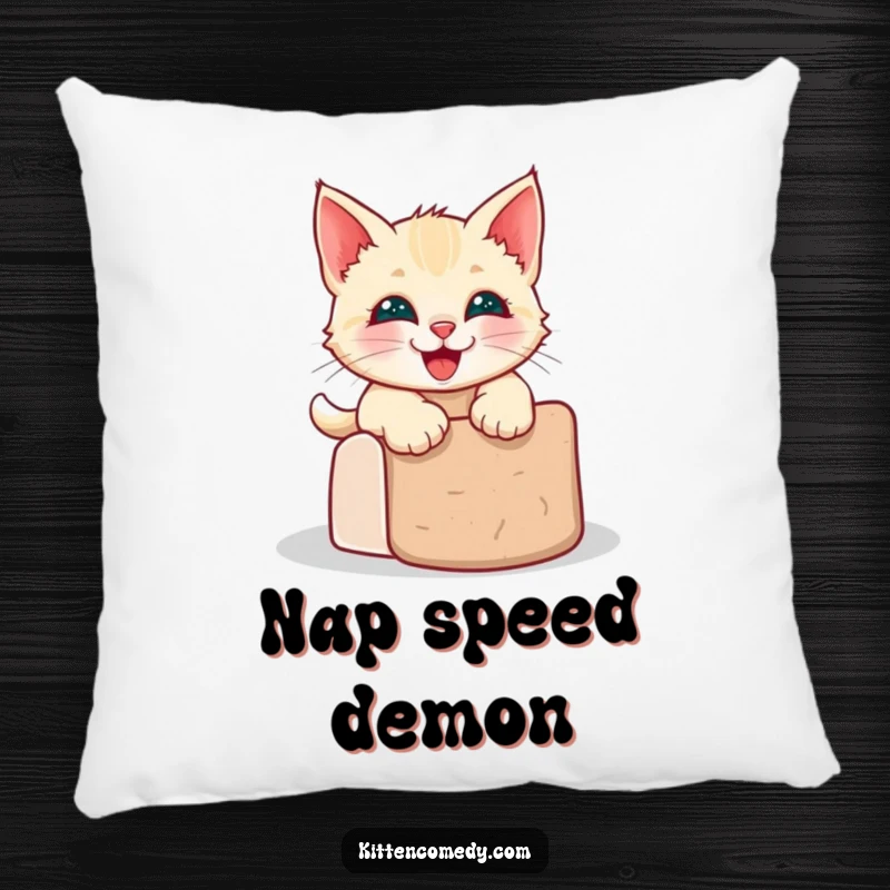Funny kawaii kitten pillow showing a generously grinning cat sliding down a scratching post.