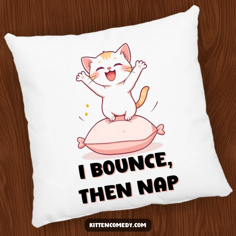 Funny Kawaii Kitten Pillow: A soft cushion featuring a cute kitten energetically leaping from a soft cushion.