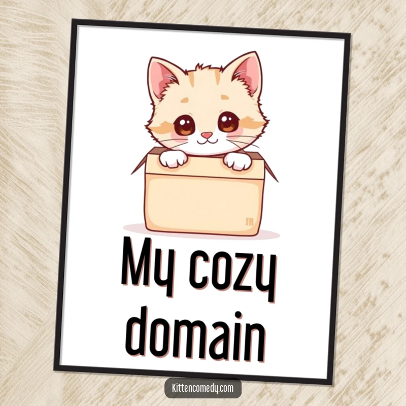 Funny, cute kawaii kitten peeking from a cozy box in this downloadable digital art print.