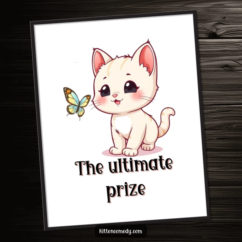 Funny, wide-eyed kawaii kitten joyfully chasing a shimmering butterfly in this downloadable digital art print.