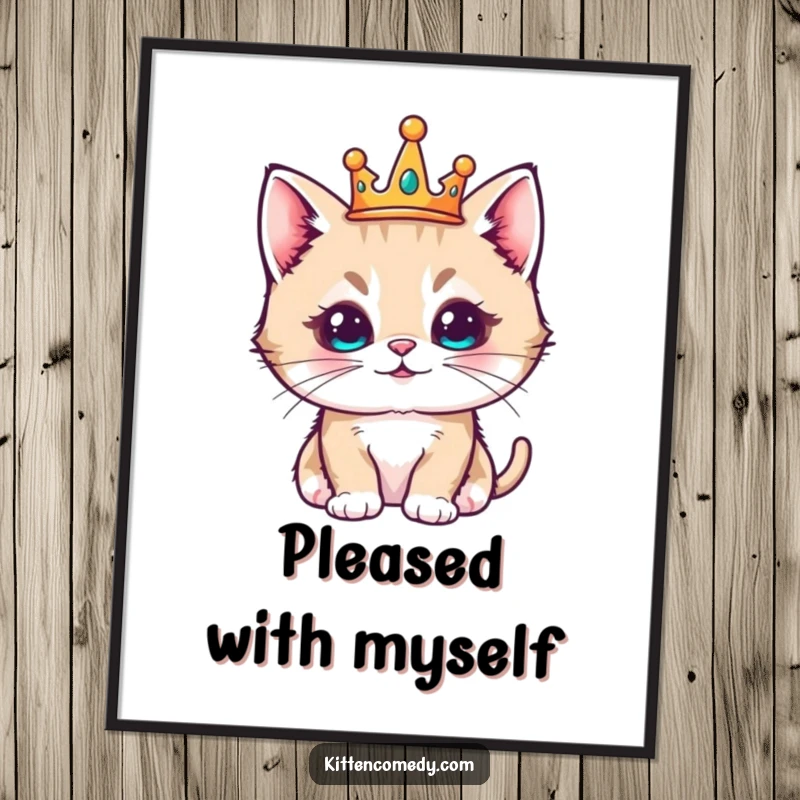 Funny kawaii kitten wearing a tiny crown, looking regal and pleased, downloadable wall art.