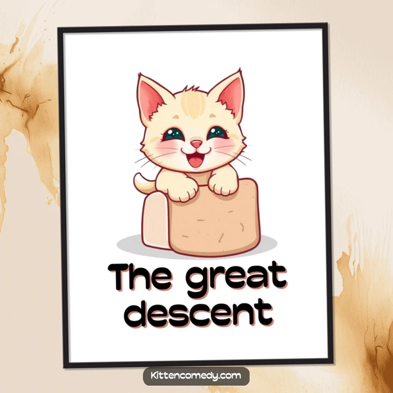 Funny kawaii kitten digital art print of a grinning cat sliding down a scratching post.