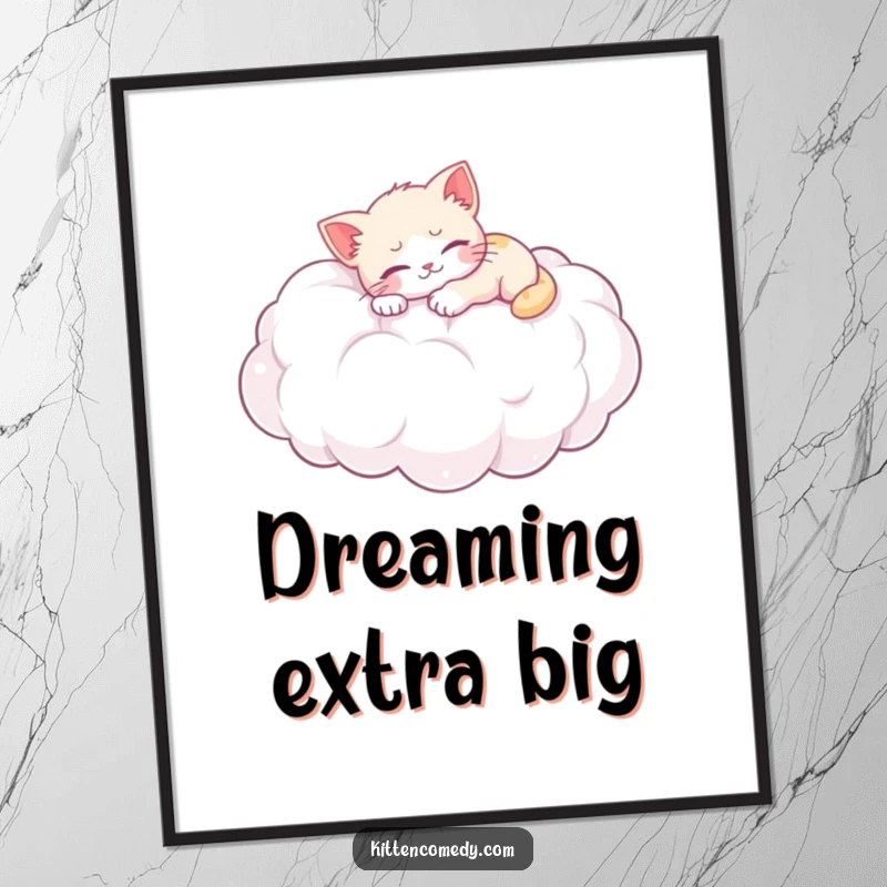 Funny digital art print: A cute kitten peacefully naps on a giant, fluffy cloud, perfect for creating a dreamy atmosphere.