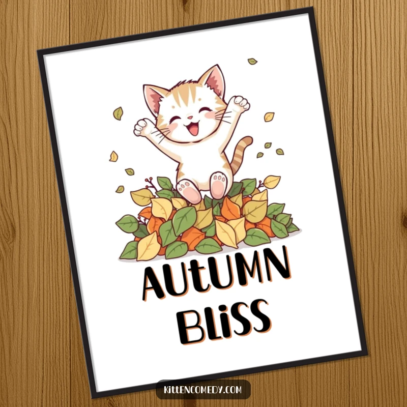 Funny kitten digital print of a cat joyfully leaping into a pile of autumn leaves, ready for instant download and seasonal decor.