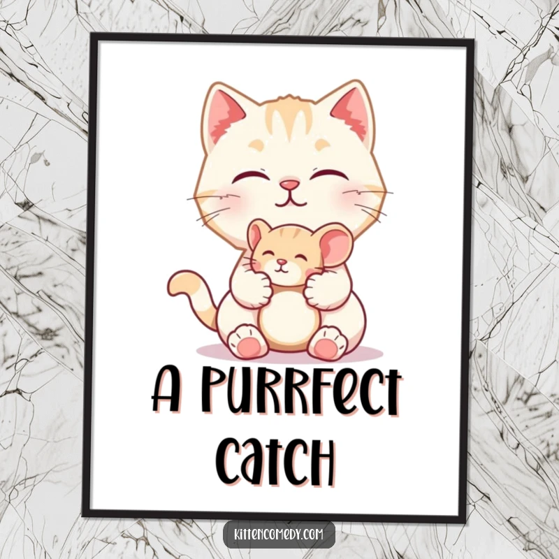 Funny digital art print of a kitten character offering a toy mouse. Instant playful and humorous decor.