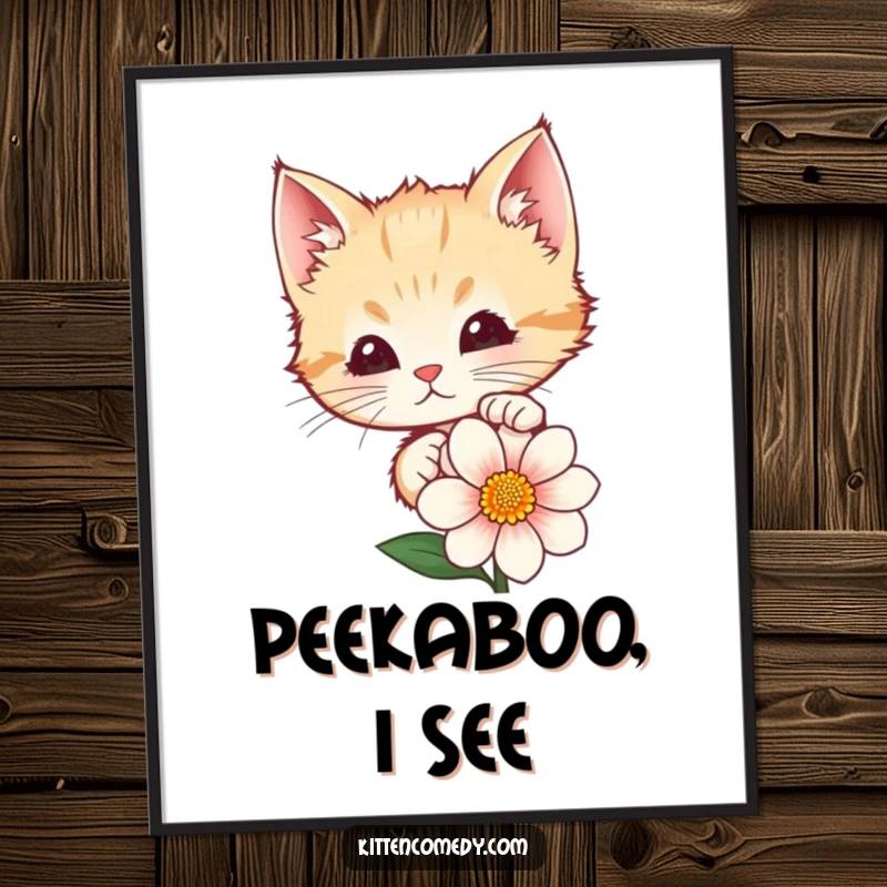 Funny kitten peeking with adorable curiosity from behind a blooming flower. High-resolution digital art for instant download.