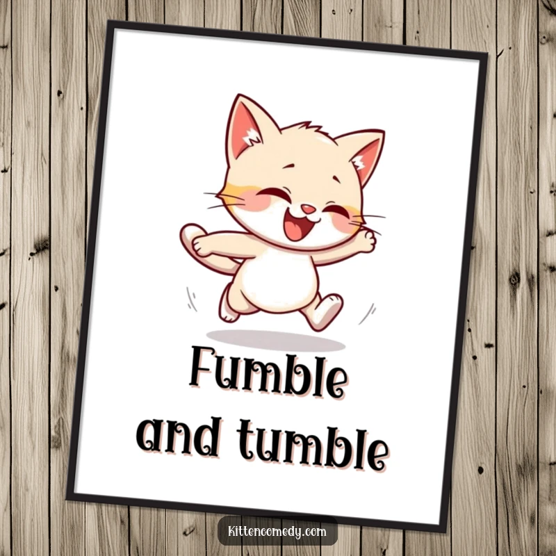 Funny digital art print of a kitten character hilariously stumbling while running. Instant clumsy and humorous decor.
