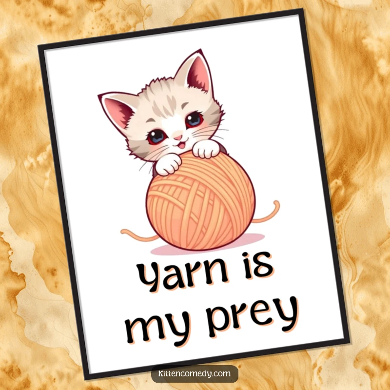 Funny Digital Art Print: A kitten joyfully pounces on a ball of yarn. Instant cute and humorous decor.