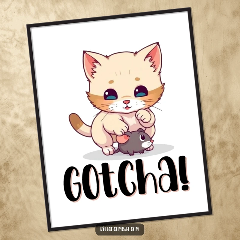 Funny kitten digital print of a cat executing a surprise pounce on a toy mouse, ready to download for humorous home decor.