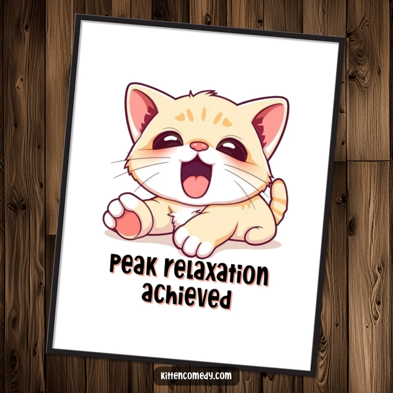 Funny Digital Art Print of a kawaii kitten stretching with a big, contented yawn, evoking feelings of peace and happiness.