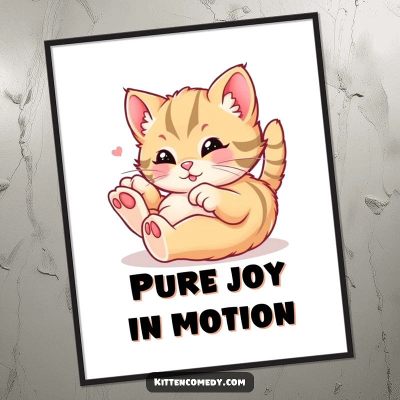 Funny kawaii kitten digital art print showing a cat rolling in playful delight, perfect for instantly adding humor and charm, a funny gift.