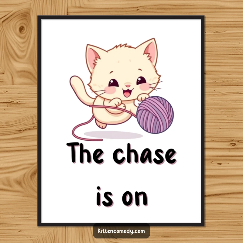 Funny Digital Art Print of a kawaii kitten leaping with abandon after a bouncy yarn ball, capturing pure, unadulterated kitten joy.
