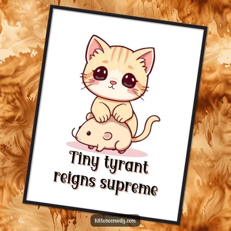 Funny Kawaii Kitten Digital Art Print: A playful illustration of a kitten perched on a toy mouse, ready for instant decor.