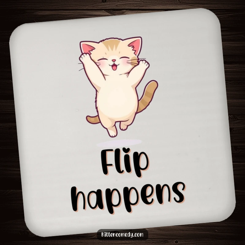 Funny kawaii kitten drink coasters depicting a cat performing a silly acrobatic flip.