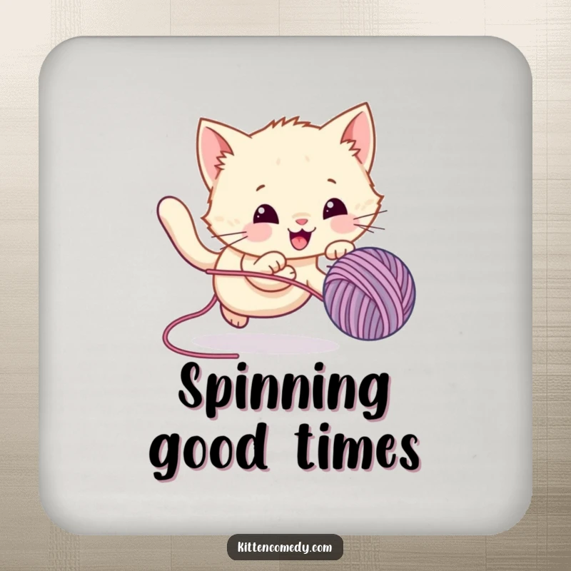 Funny Coaster depicting a kawaii kitten energetically chasing a bouncing yarn ball, safeguarding furniture with a dose of feline fun.