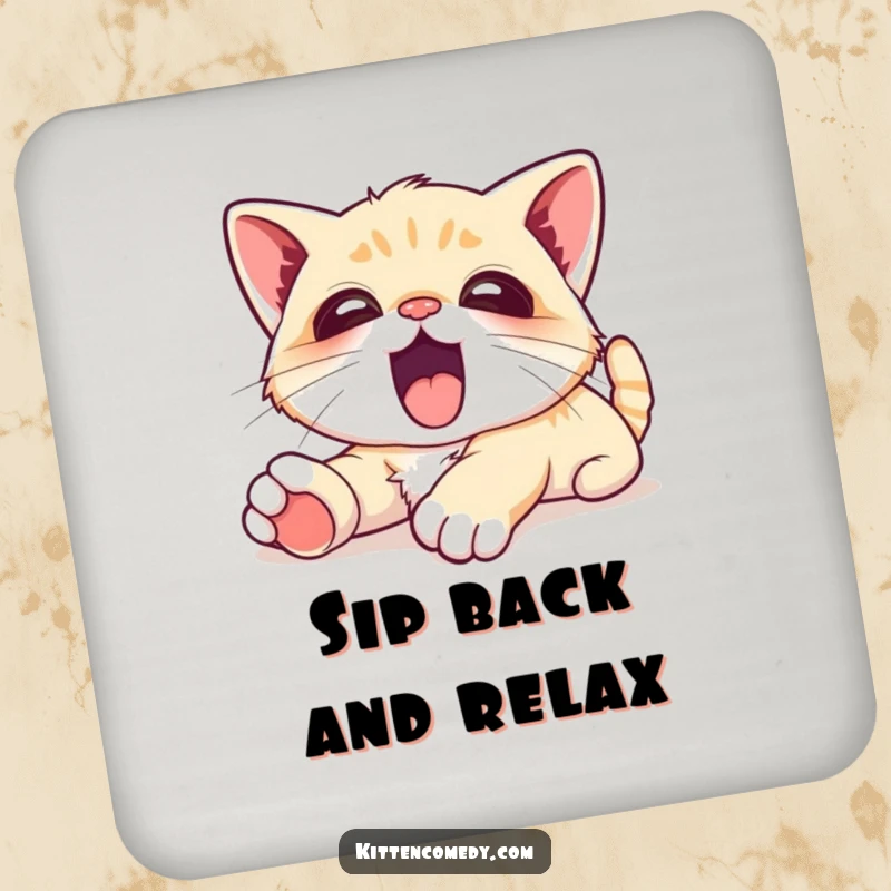Funny Coaster showing a kawaii kitten stretching out with a huge, happy yawn, adding a touch of calm to tabletops.