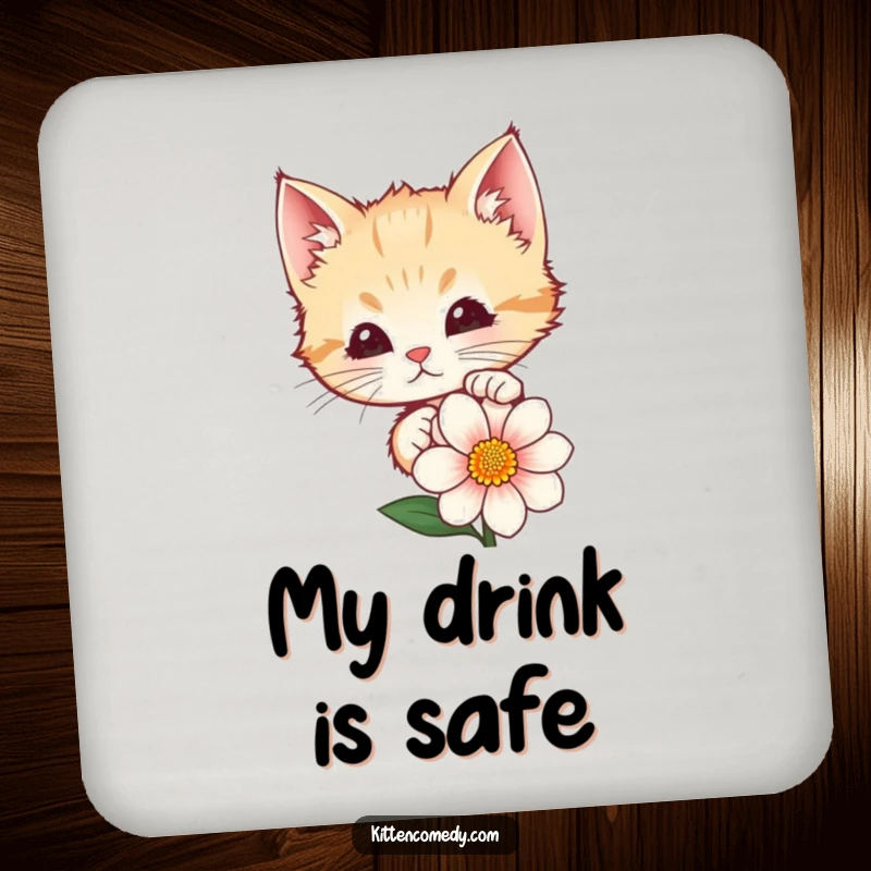 Funny kitten peeking from behind a flower on a protective drink coaster. Cute and functional home accessory.