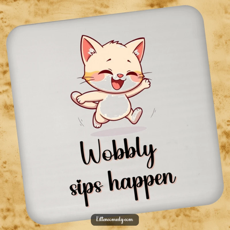 Funny drink coaster featuring a kitten character hilariously stumbling while running. Playful and humorous table protection.