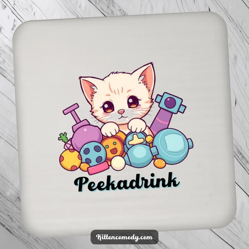 Funny Kawaii Kitten Coaster: A cute kitten playfully peeking from behind toys, protecting your surfaces.