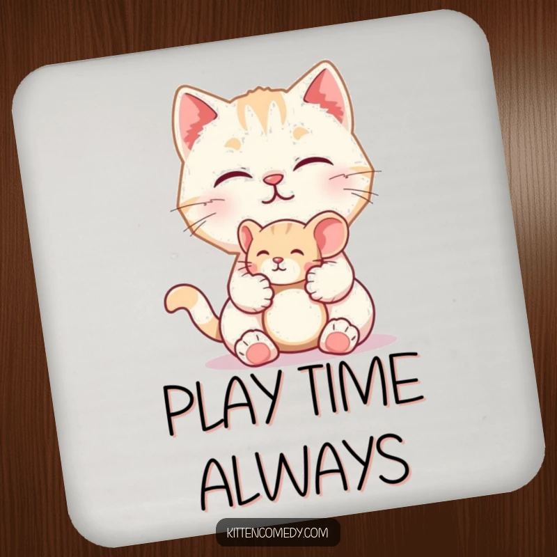 Funny drink coaster featuring a kitten character offering a tiny toy mouse. Playful and humorous table protection.