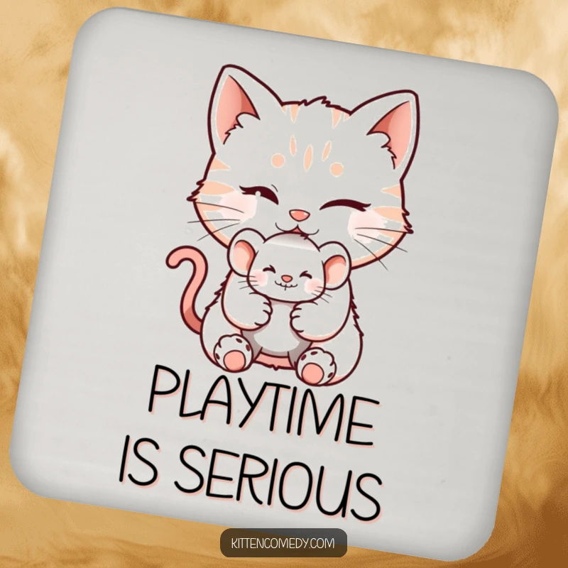 Funny drink coasters featuring a winking kitten character with a mischievous grin, offering a tiny mouse toy, for playful homes.