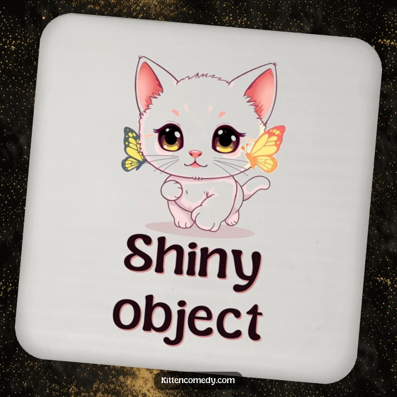 Funny kawaii kitten drink coasters depicting a wide-eyed cat chasing a glowing butterfly.