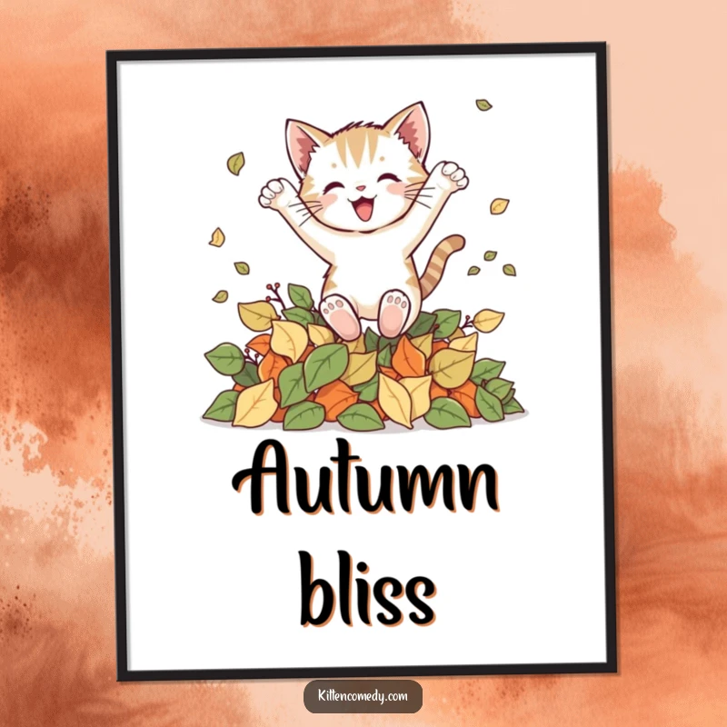 Funny kitten poster illustrating a happy cat leaping into a mound of fallen leaves, capturing the essence of autumn's playful spirit.