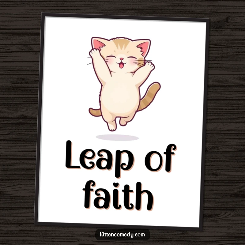 Funny kawaii kitten poster capturing a playful cat performing a silly acrobatic flip mid-air.