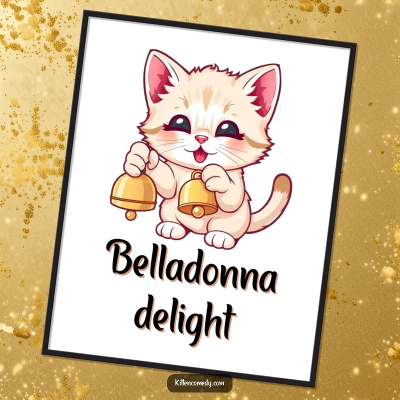 Funny Kawaii Kitten Poster: An adorable kitten eagerly pawing at a dangling bell with eyes beaming with delight.