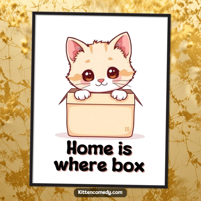 Funny kawaii kitten peeking curiously from a cozy, open box, captured in this charming wall art poster.