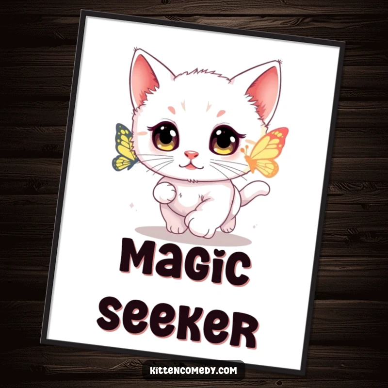 Funny kawaii kitten poster capturing the moment of a wide-eyed cat chasing a glowing butterfly.