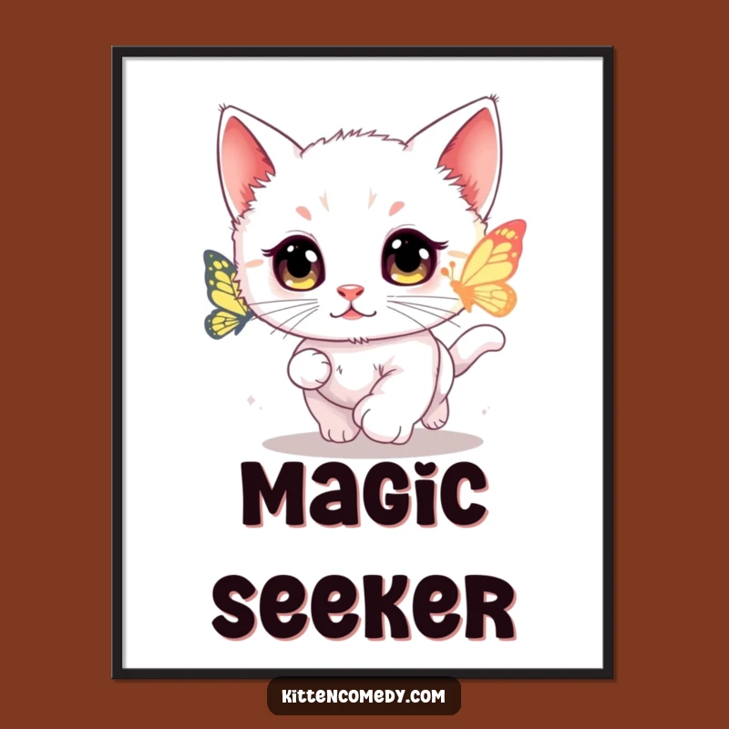 Funny Kawaii Kitten Butterfly Chase Poster - Whimsical Wall Art for Cat Enthusiasts
