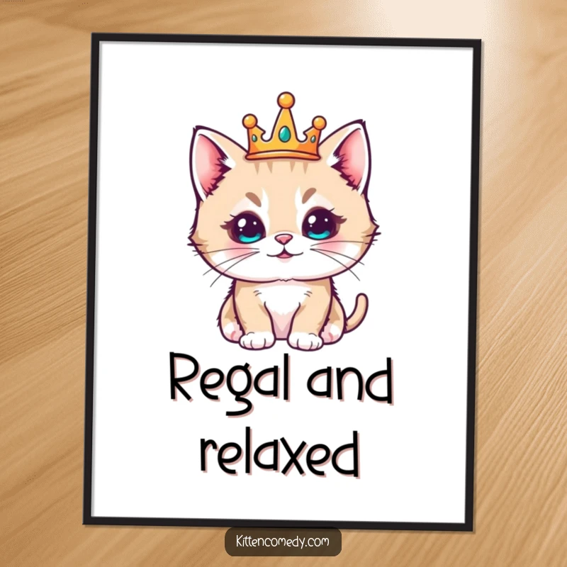 Funny kawaii kitten wearing a tiny crown, looking regal and pleased, charming wall art print.