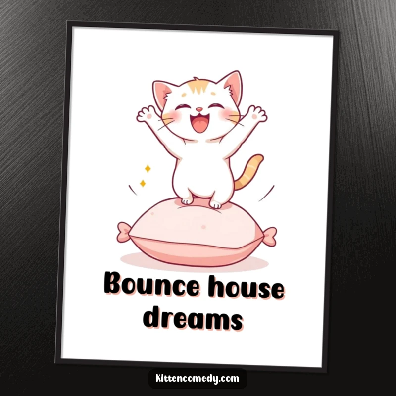 Funny Kawaii Kitten Poster: An adorable kitten captured mid-leap from a soft cushion with bright eyes.