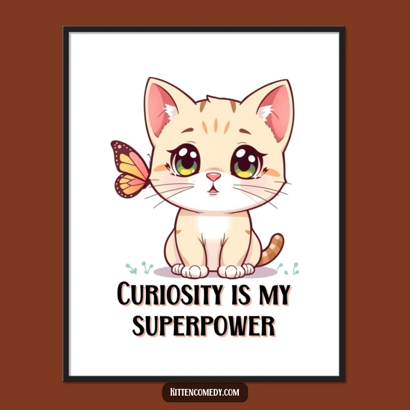 Funny Kawaii Kitten Poster: Curious Cat & Butterfly Art, Adorable Wall Decor Gift!