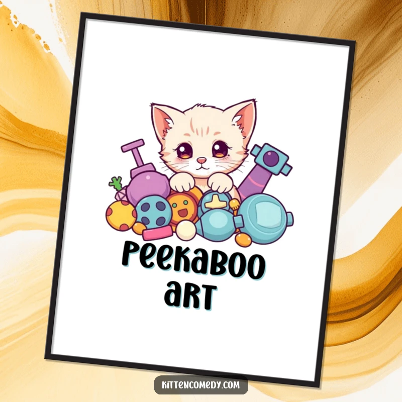 Funny Kawaii Kitten Poster: An adorable kitten curiously peeking from behind a pile of colorful toys.