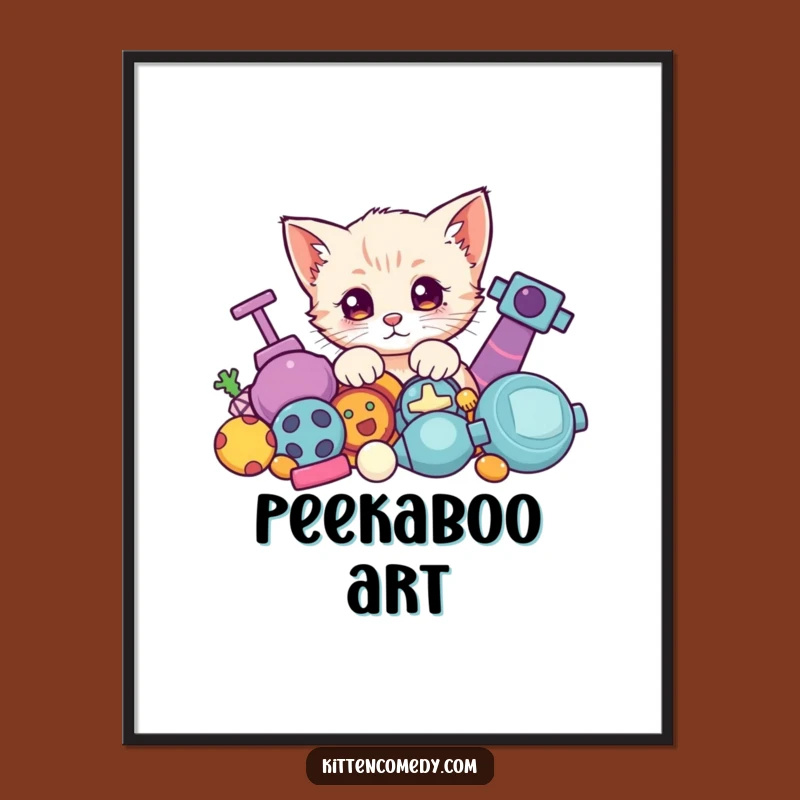 Funny Kawaii Kitten Toy Peek Poster - Charming Wall Art for Curious Minds