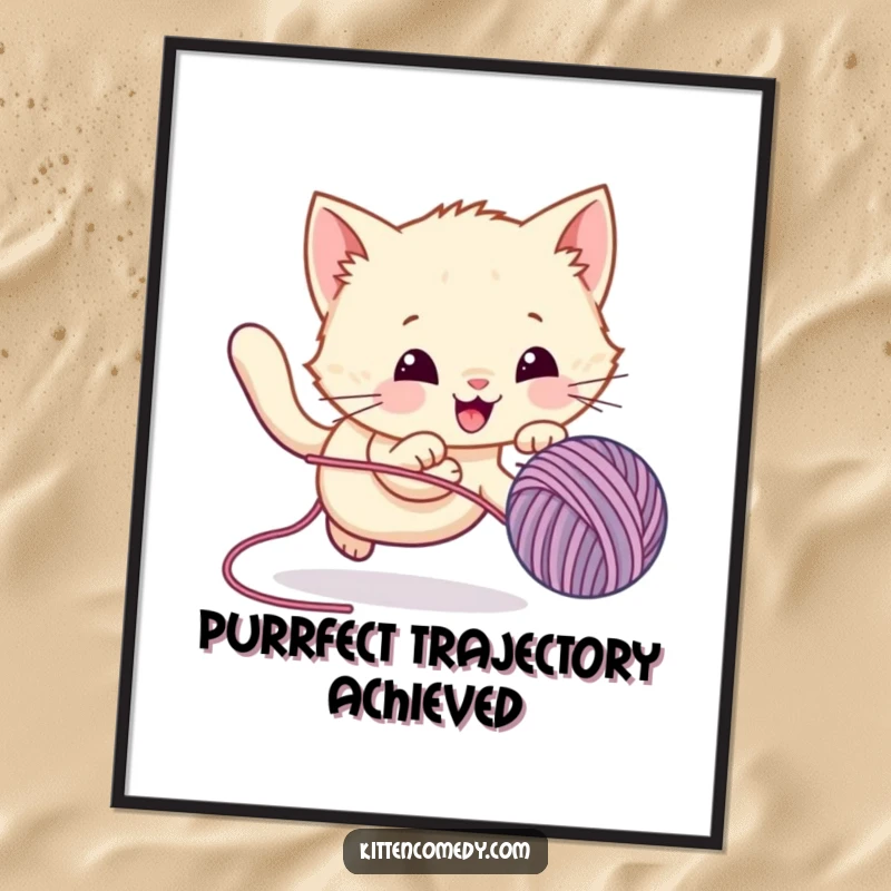 Funny Poster of a kawaii kitten mid-leap, enthusiastically chasing a bouncing yarn ball, bringing vibrant energy and humor to decor.